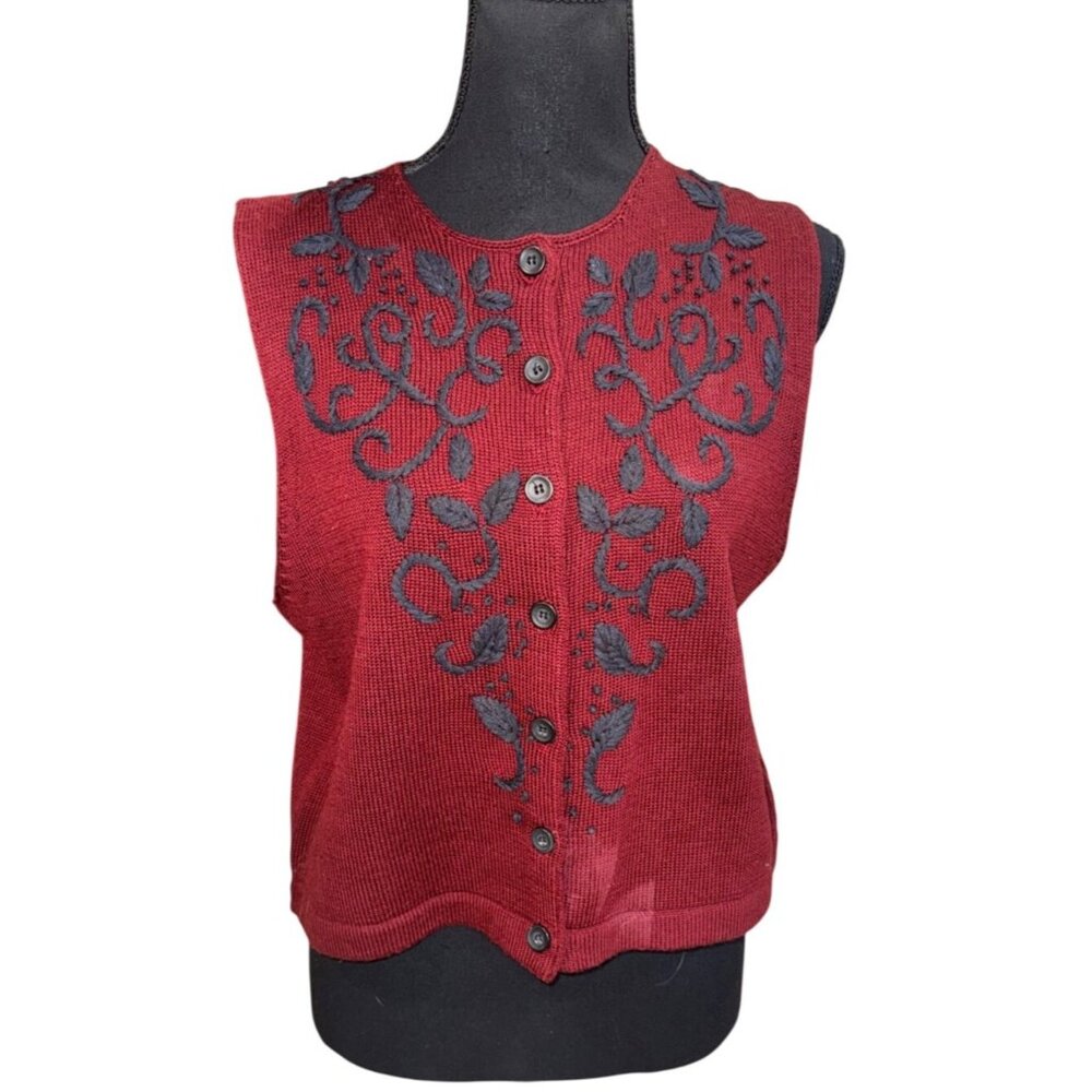 Pendleton Petite L Red Wool Vest Black Floral Embroidery Grandma Core Cottage